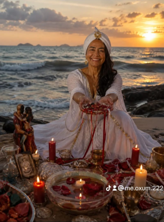Mãe Léa de Oxum realizando um ritual espiritual à beira-mar